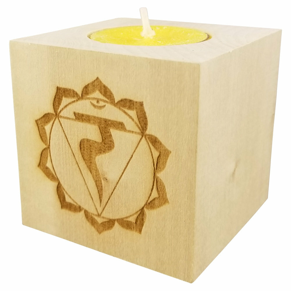 Chakra 3 Manipura - Solar Plexus Chakra Candle (Yellow) - Engraved Wood Tea Light (2.5”) - Yoga Meditation Candle - Yoga Candle  - Meditation Candle - Wedding Collectibles