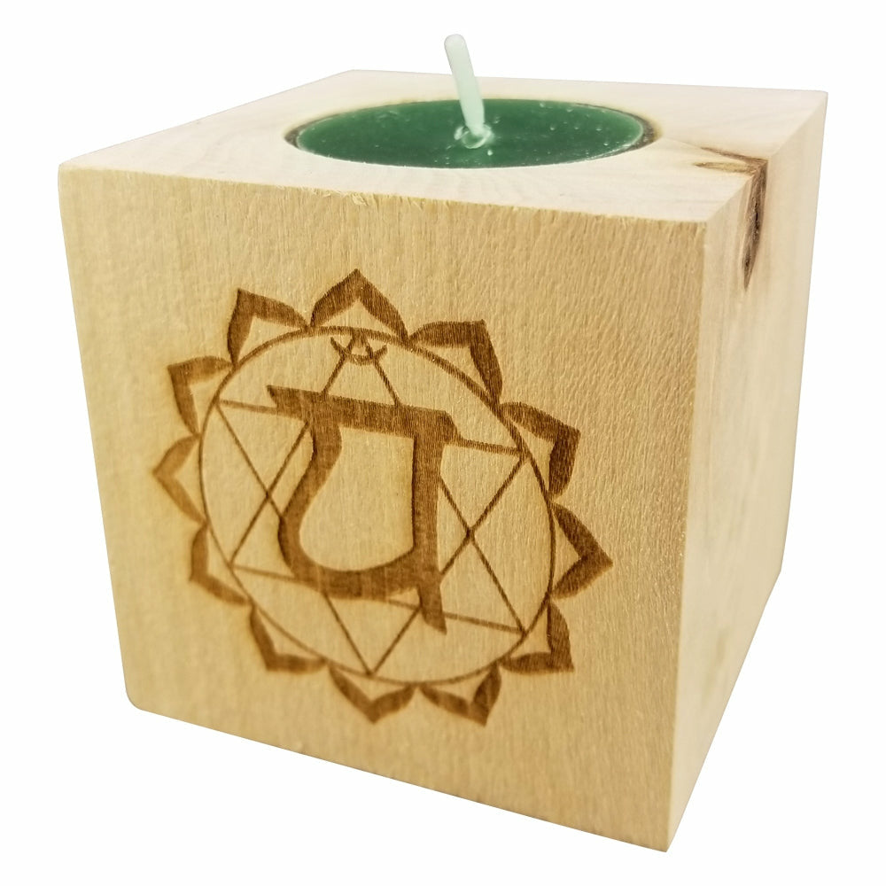 Chakra 4 Anahata - Heart Chakra Candle (Green) - Engraved Wood Tea Light (2.5”) - Yoga Meditation Candle - Yoga Candle - Meditation Candle - Wedding Collectibles
