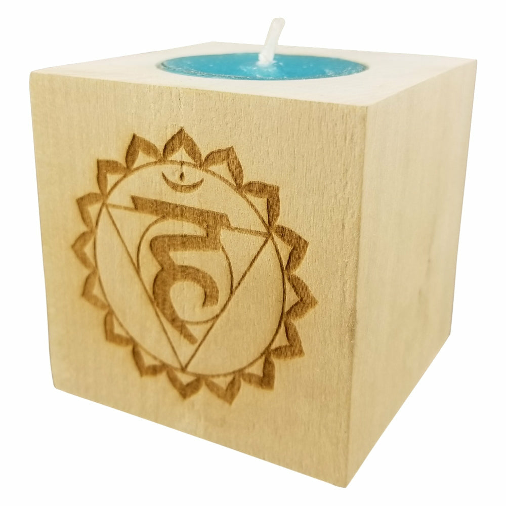 Chakra 5 Vishudda - Throat Chakra Candle (Blue) - Engraved Wood Tea Light (2.5”) - Yoga Meditation Candle - Yoga Candle  - Meditation Candle - Wedding Collectibles