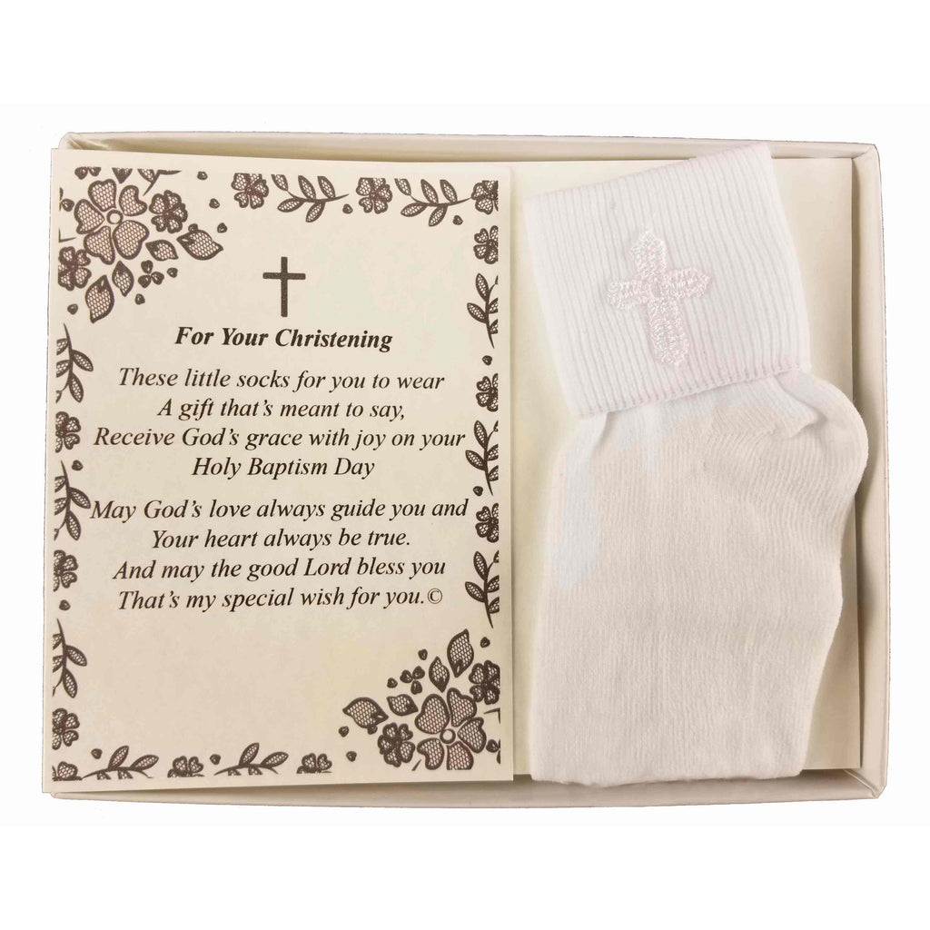 Christening Dedication Keepsake Gift Poetry Baby Boy Socks with Embroidered Cross Design (Size: Age 1-2) - Wedding Collectibles