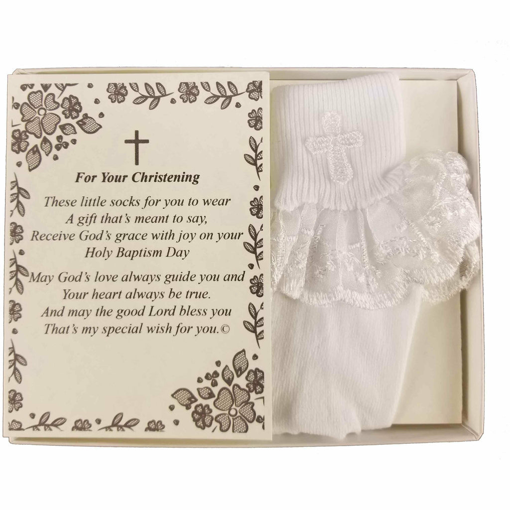 Christening Dedication Keepsake Gift Poetry Baby Girl Socks with Ruffled Anklet Lace Embroidered Cross Design (Size: Age 1-2) - Wedding Collectibles