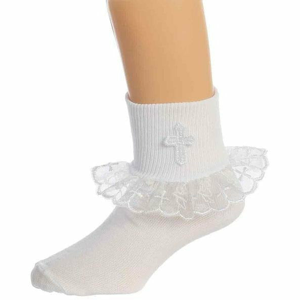 Christening Dedication Keepsake Gift Poetry Baby Girl Socks with Ruffled Anklet Lace Embroidered Cross Design (Size: Age 1-2) - Wedding Collectibles