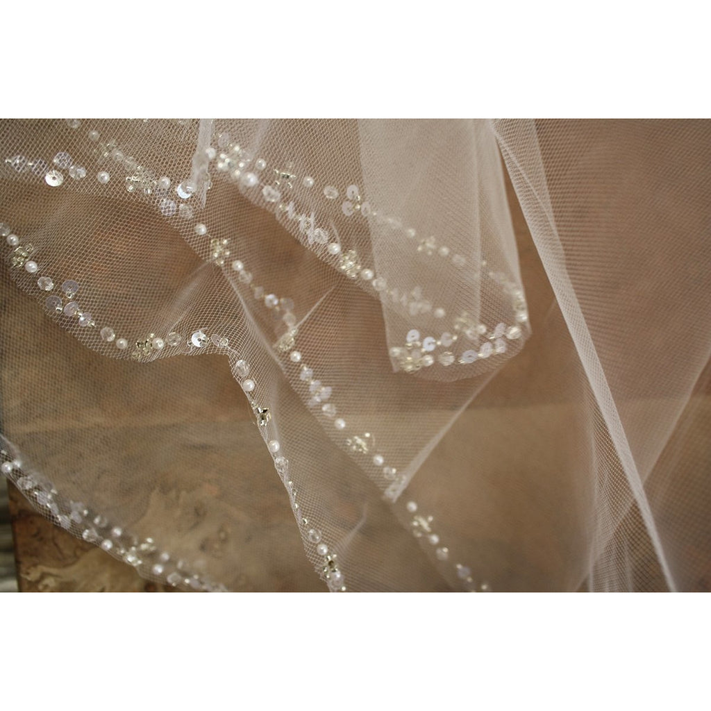 Combless Ivory Crystal Border & Cut Edge Veil - Wedding Collectibles