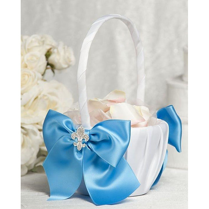 Crystal Fleur de Lis Ribbon Flower Girl Basket - Custom Colors! - Wedding Collectibles