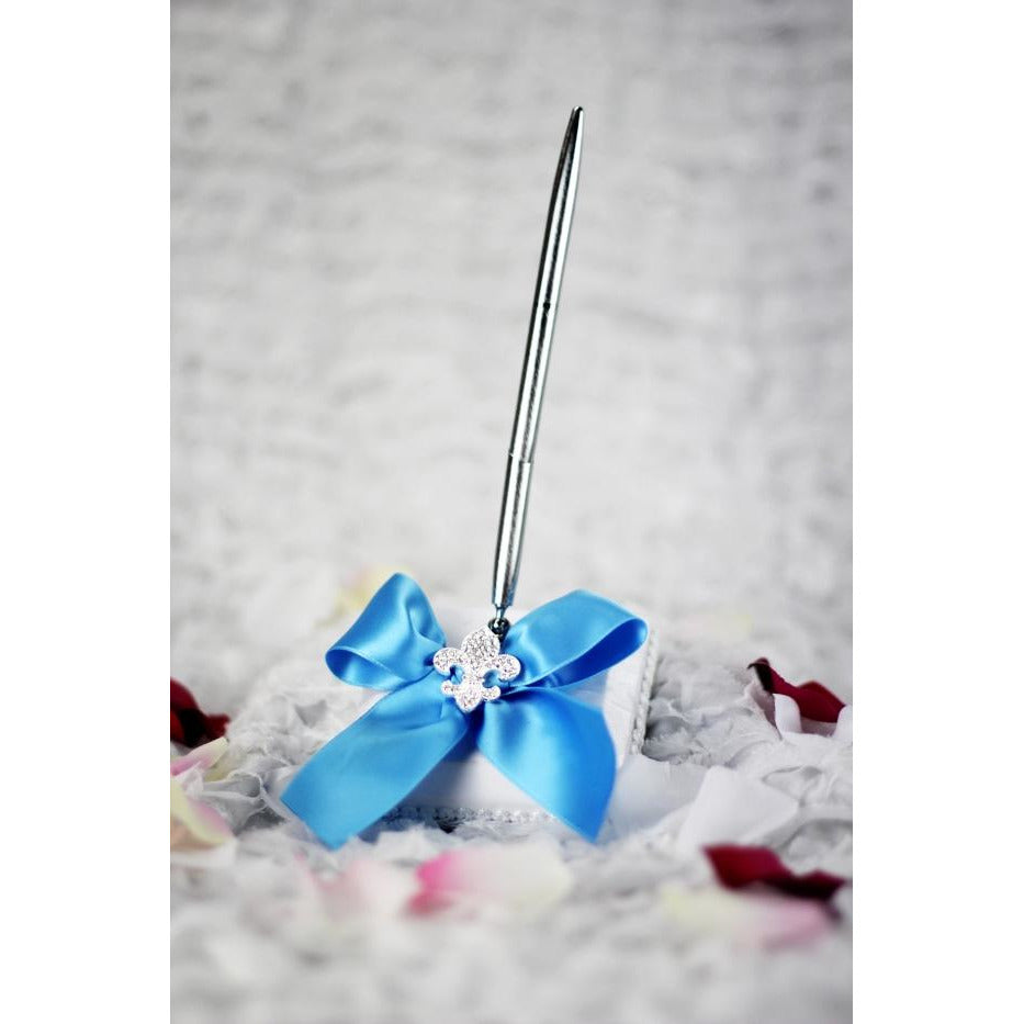 Crystal Fleur de Lis Ribbon Wedding Guestbook and Pen Set- Custom Colors! - Wedding Collectibles