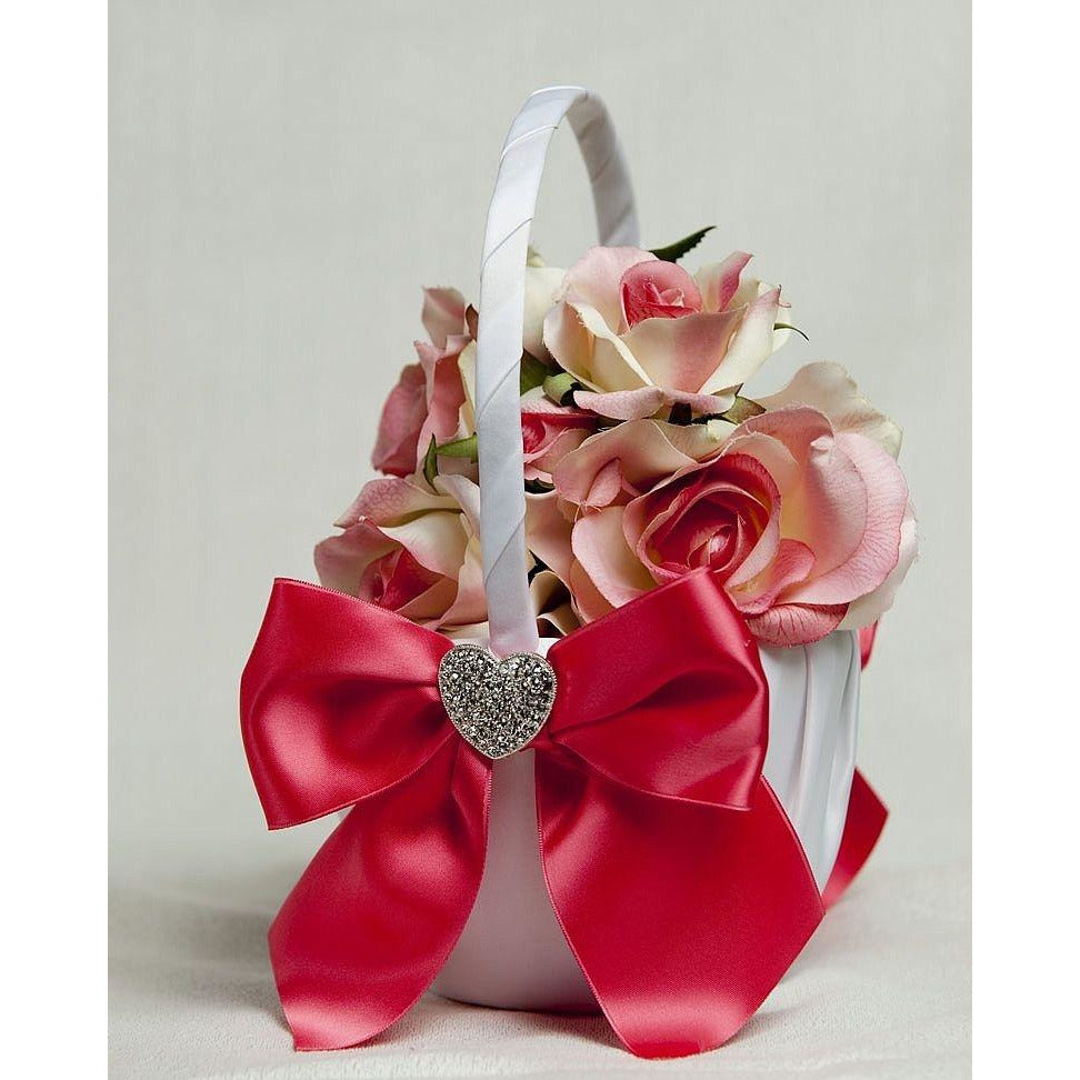 Crystal Heart Ribbon Flower Girl Basket - Custom Colors! - Wedding Collectibles