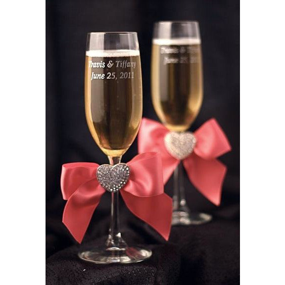 Crystal Heart Ribbon Toasting Glasses- Custom Colors! - Wedding Collectibles