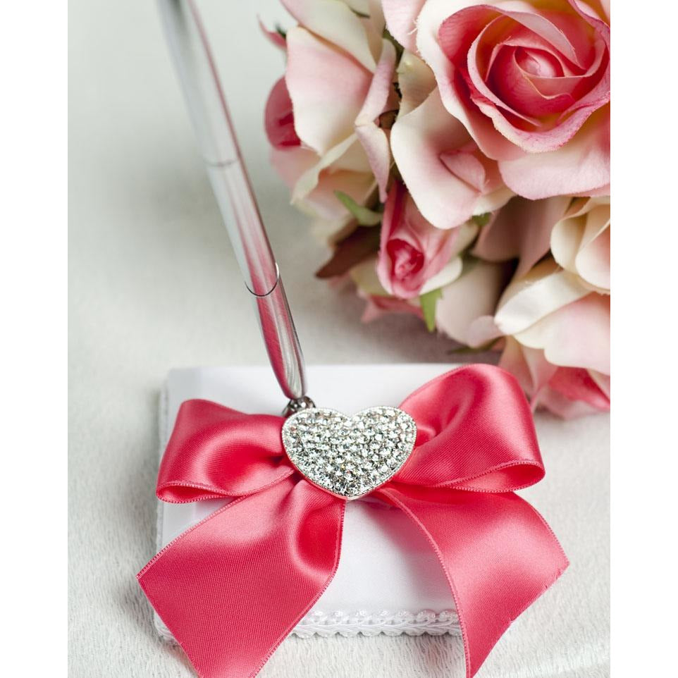 Crystal Heart Ribbon Wedding Guestbook and Pen Set- Custom Colors! - Wedding Collectibles