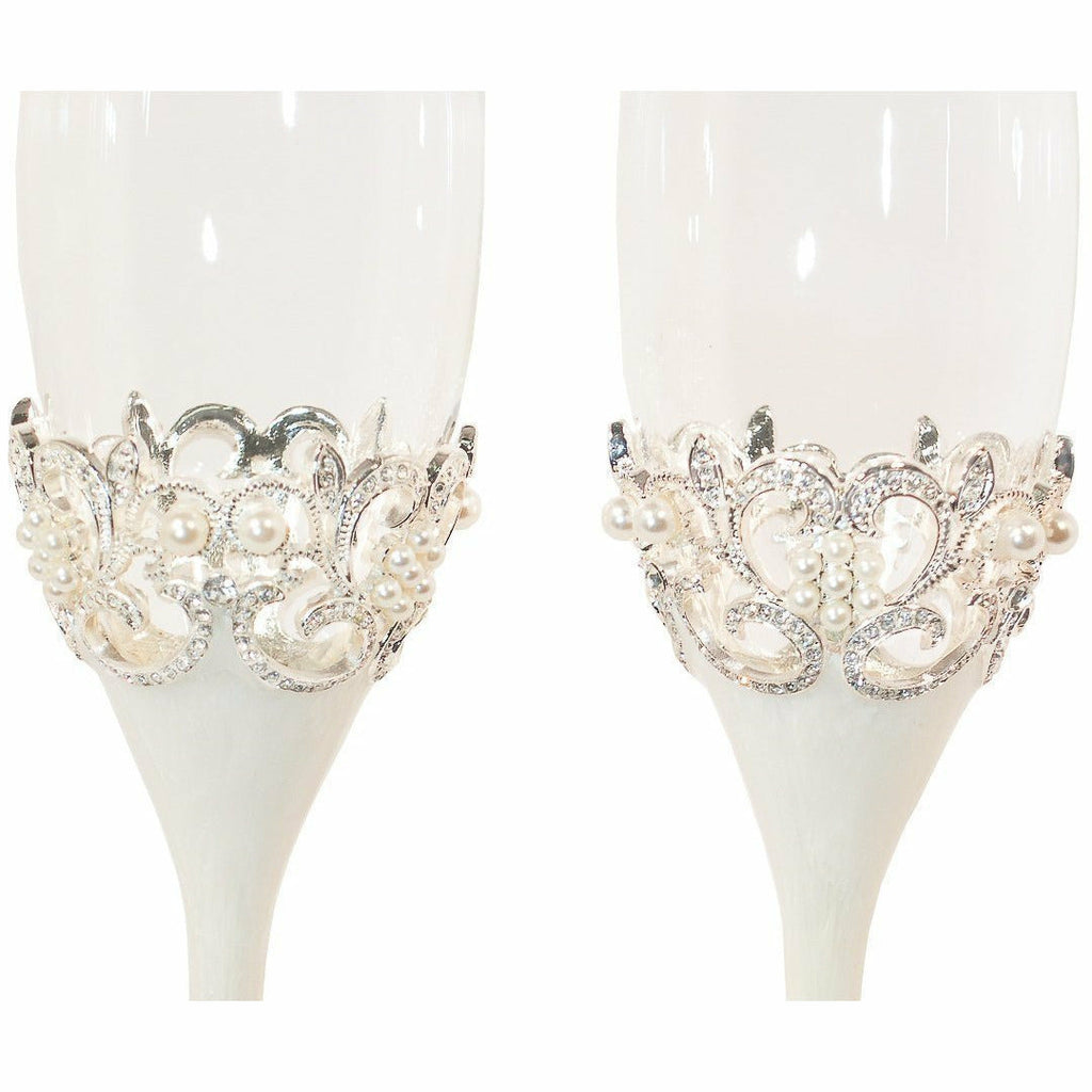Crystal Pearl Champagne Toasting Flutes Set - Wedding Collectibles