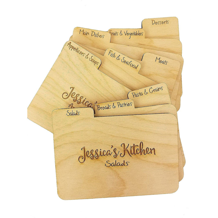 Custom Engraved Wood RECIPE DIVIDERS (Set of 9) with Tabs - Add Person