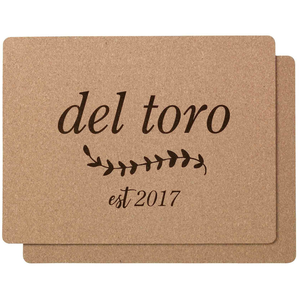 Custom Placemats - Rustic Personalized Name and Wedding Date Dinner Placemats - Set of 2 - Personally Engraved Cork Place Mats - Add Last Name and Year - Wedding Gift Housewarming Gift - Wedding Collectibles