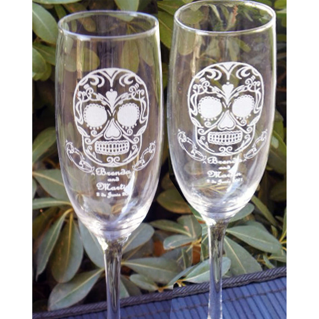 Sugar Skulls Toasting Wedding Champagne Glass Flutes (Pair) - Wedding Collectibles