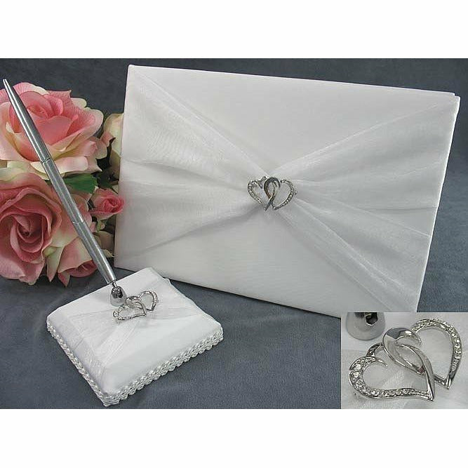 Double Rhinestone Hearts Wedding Guestbook and Pen Set - Wedding Collectibles