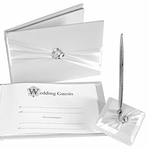 Double Rhinestone Rings Wedding Guestbook and Pen Set - Wedding Collectibles