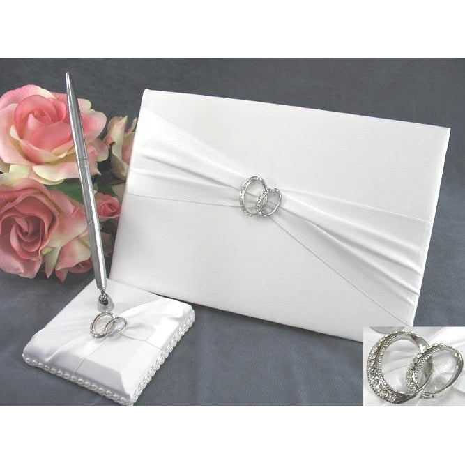 Double Rhinestone Rings Wedding Guestbook and Pen Set - Wedding Collectibles