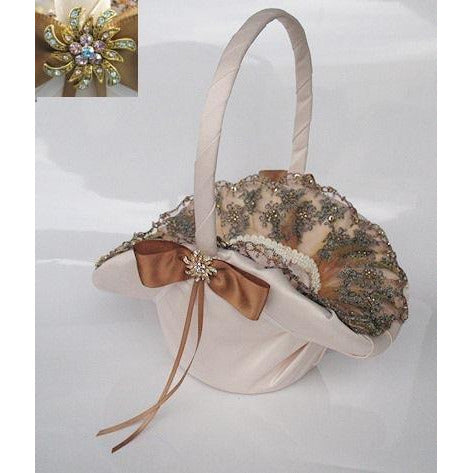 Dramatic Chocolate Embroidered Mantilla Lace Wedding Flowergirl Basket - Wedding Collectibles