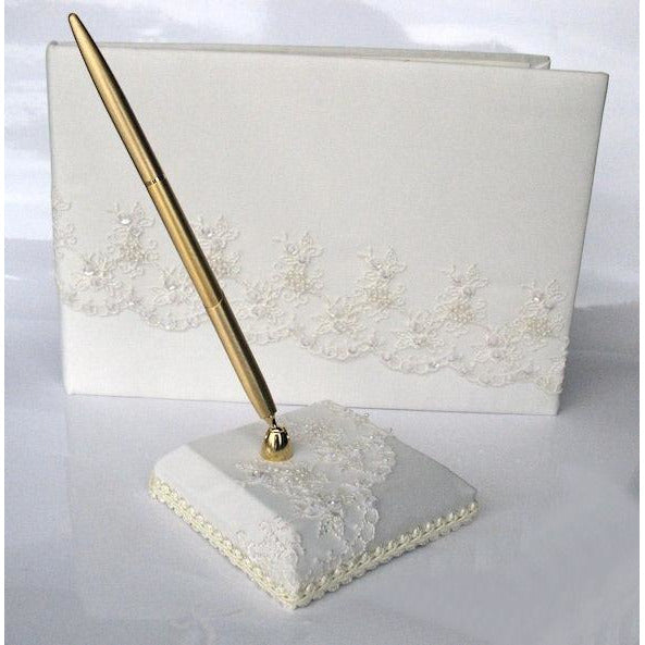 Dramatic Chocolate Embroidered Mantilla Lace Wedding Guestbook and Pen Set - Wedding Collectibles