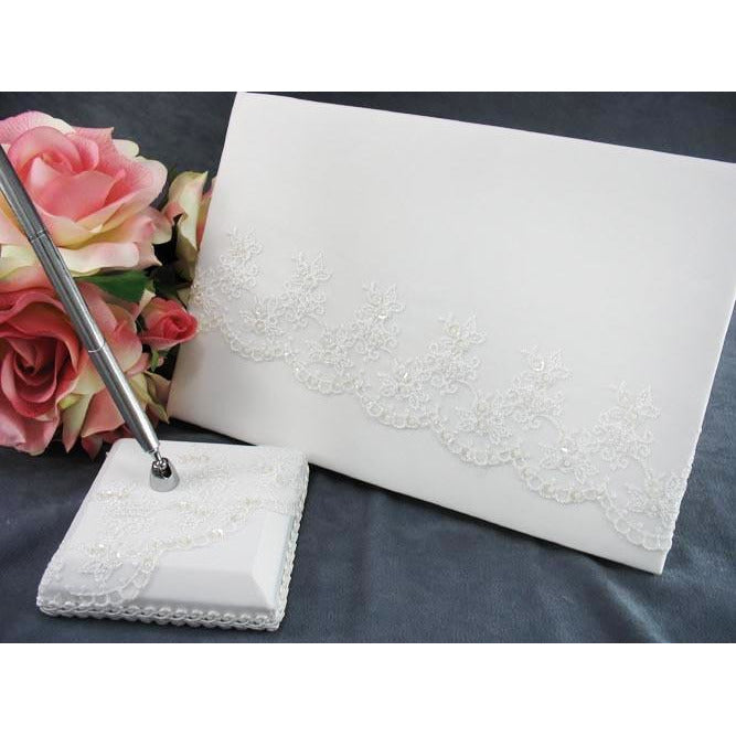 Elegant Embroidered Mantilla Lace Wedding Guestbook and Pen Set - WHITE GUESTBOOK ONLY - NO PEN SET - Wedding Collectibles