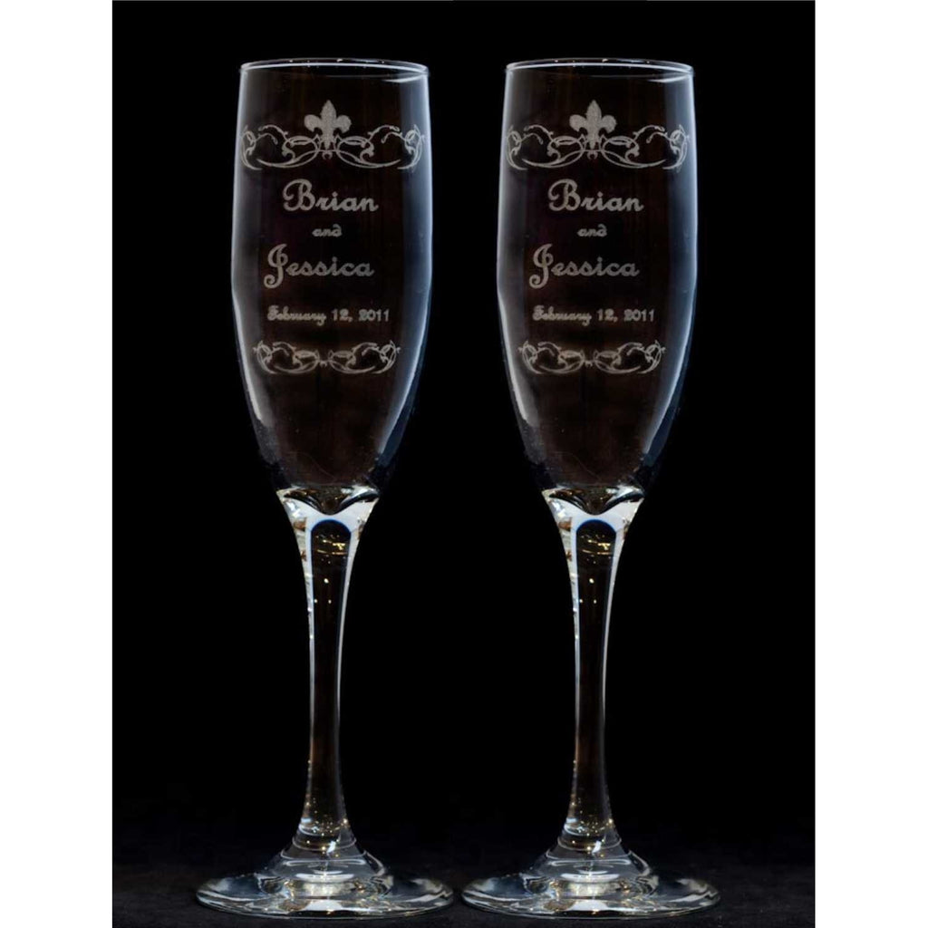 Fleur de Lis Engraved Toasting Wedding Champagne Glass Flutes (Pair) - Wedding Collectibles