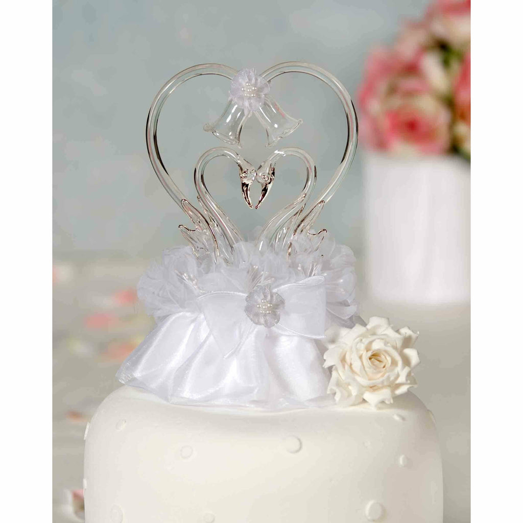 Glass Swan Cake Topper with Heart - Wedding Collectibles