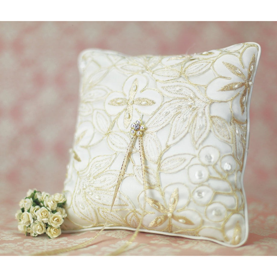 Coussin De Porte-alliance Promises His & Hers – Satin Ivoire – Broderie Dorée Et Strass – Neuf (sans Boîte)