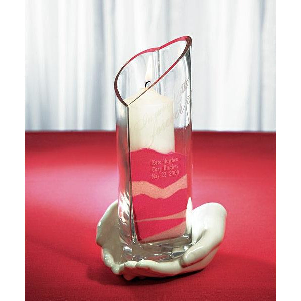 Heart Shaped Glass Memorial Vase with "Loving Hands" Porcelain Base - Wedding Collectibles