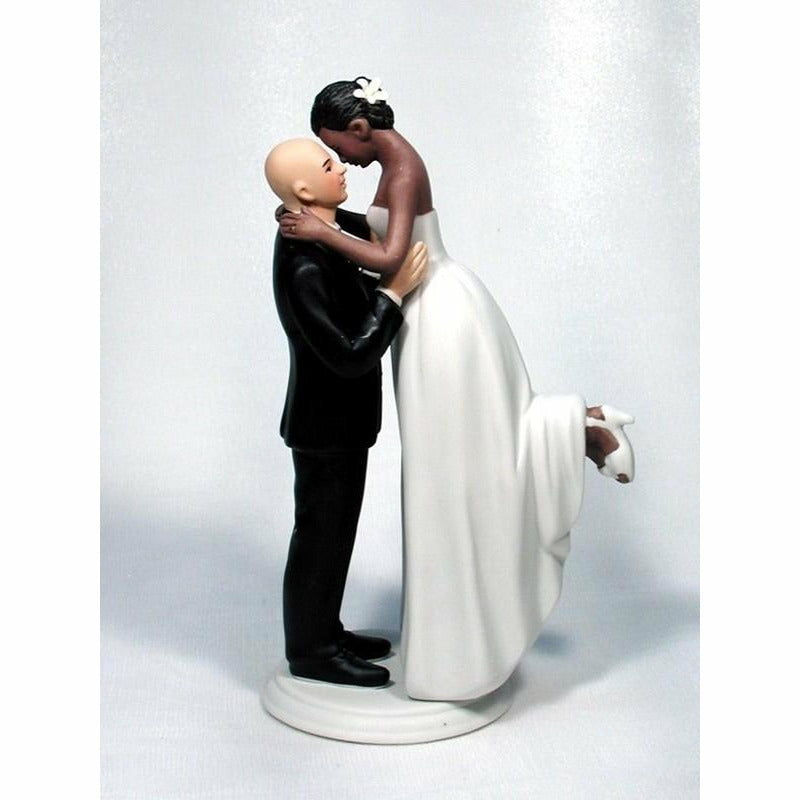 Interracial Bride and Bald Caucasian Groom Wedding Cake Topper - Wedding Collectibles