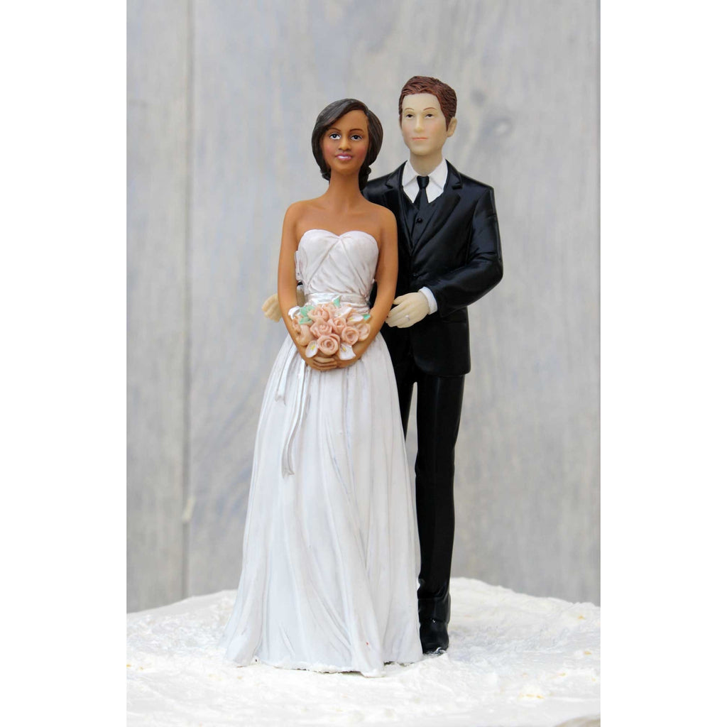 Interracial Bride and Groom Calla Lily Arch Wedding Cake Topper - Groom in Navy Suit - Wedding Collectibles