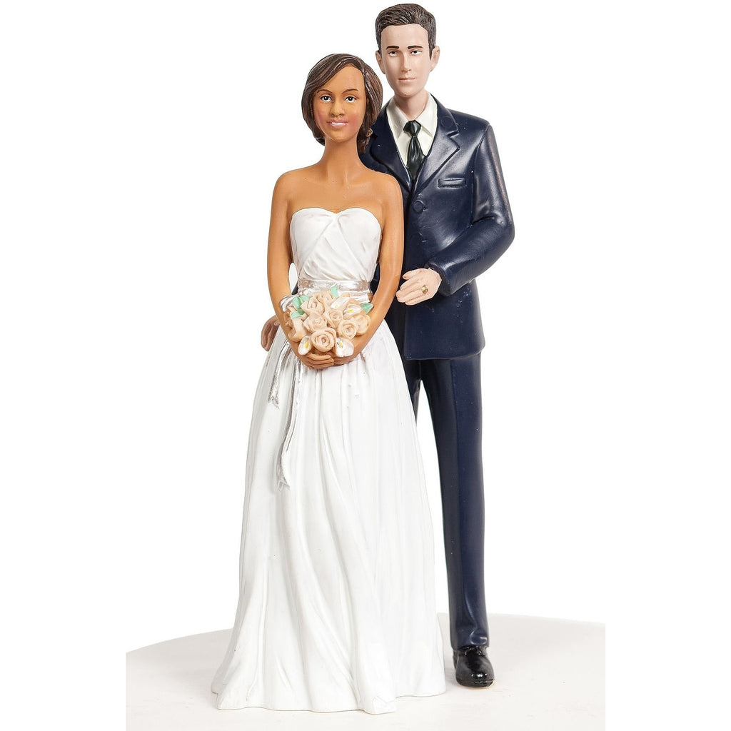 Interracial Bride and Groom Calla Lily Arch Wedding Cake Topper - Groom in Navy Suit - Wedding Collectibles