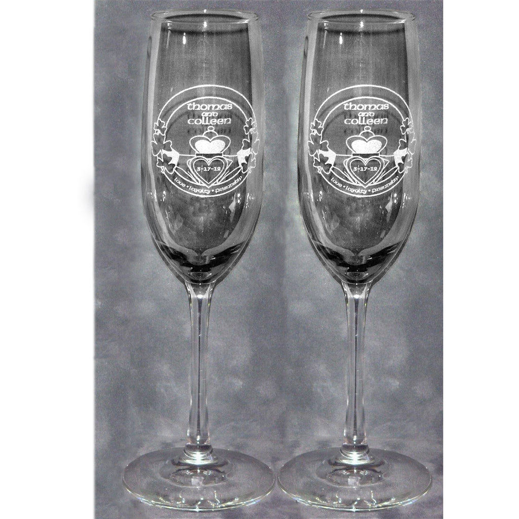 Irish Shamrock Claddaugh Wedding Champagne Glass Flutes (Pair) - Wedding Collectibles