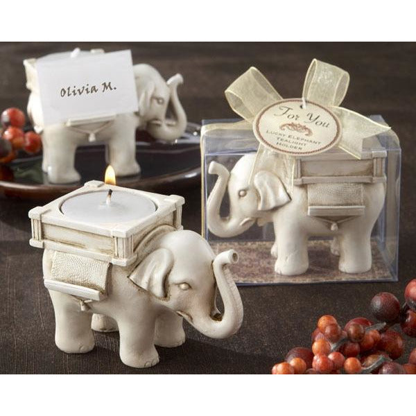 “Lucky Elephant” Antique Ivory-Finish Tea Light Holder - Wedding Collectibles