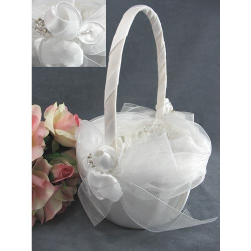Luxe Satin Rose and Rhinestone Wedding Flowergirl Basket - Wedding Collectibles