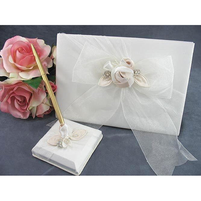 Luxe Satin Rose and Rhinestone Wedding Guestbook and Pen Set - Wedding Collectibles