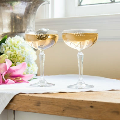 Mrs. & Mrs. Champagne Coupe Toasting Flutes - Wedding Collectibles