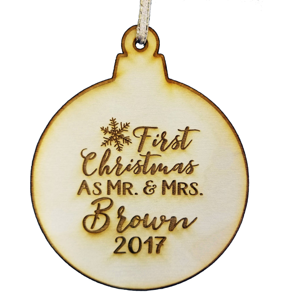 Our First Christmas Married Mr & Mrs Personalized Christmas Ornament - Snowflake Design- Year Name Engraved Our First Christmas Gift Engagement Holiday Together Wood Custom Personalized - Wedding Collectibles