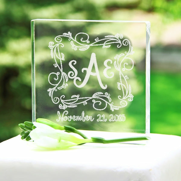 Personalized Floral Vine Monogram Acrylic Cake Topper - Wedding Collectibles