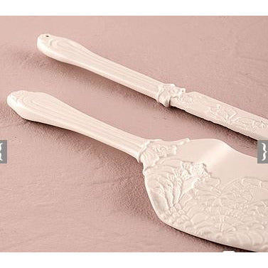 Porcelain Cake Serving Set with Embossed Lace Details - Wedding Collectibles