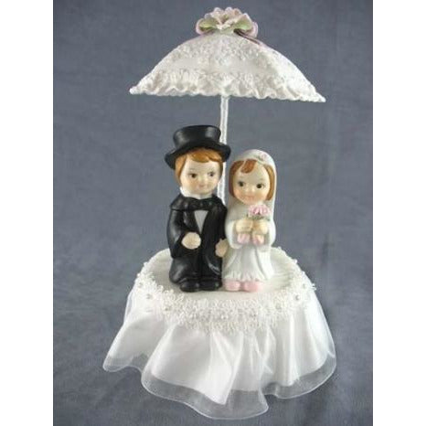 Rainy Day Child Couple Wedding Cake Topper with Porcelain Parasol Umbrella - Wedding Collectibles