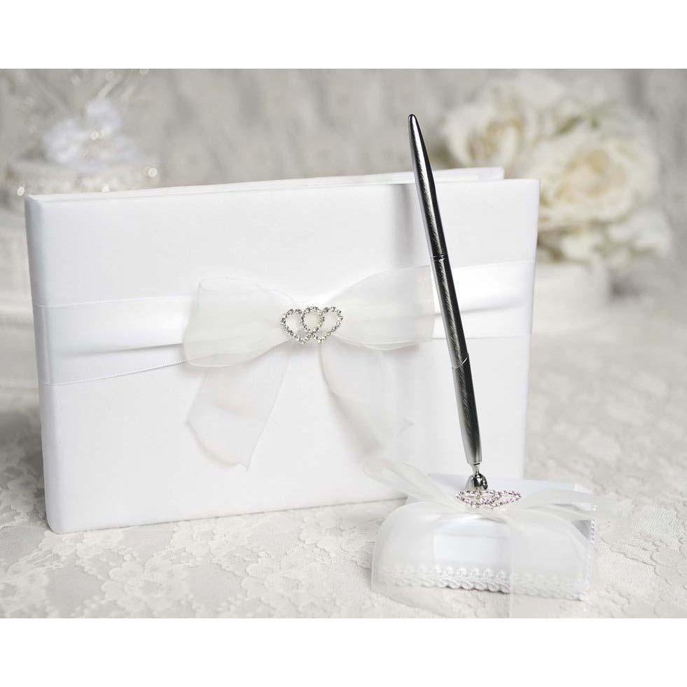 Rhinestone Hearts Wedding Guestbook and Pen Set - Wedding Collectibles