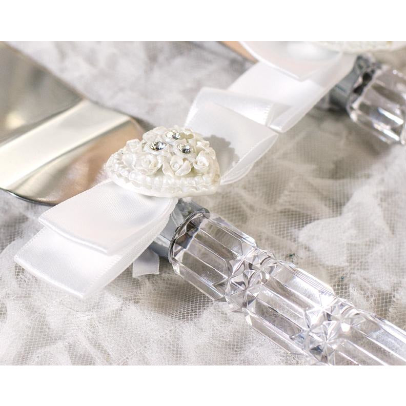Rhinestone Pearlized Heart Rose Bouquet Wedding Cake Server Set - Wedding Collectibles
