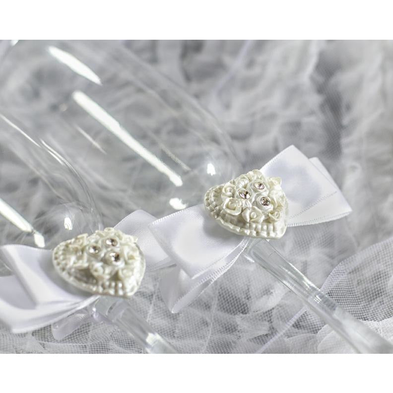 Rhinestone Pearlized Heart Rose Bouquet Wedding Toasting Glasses - Wedding Collectibles
