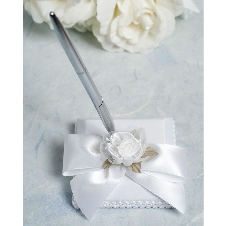 Rose Plush Satin and Organza Wedding Guestbook and Pen Set - Wedding Collectibles