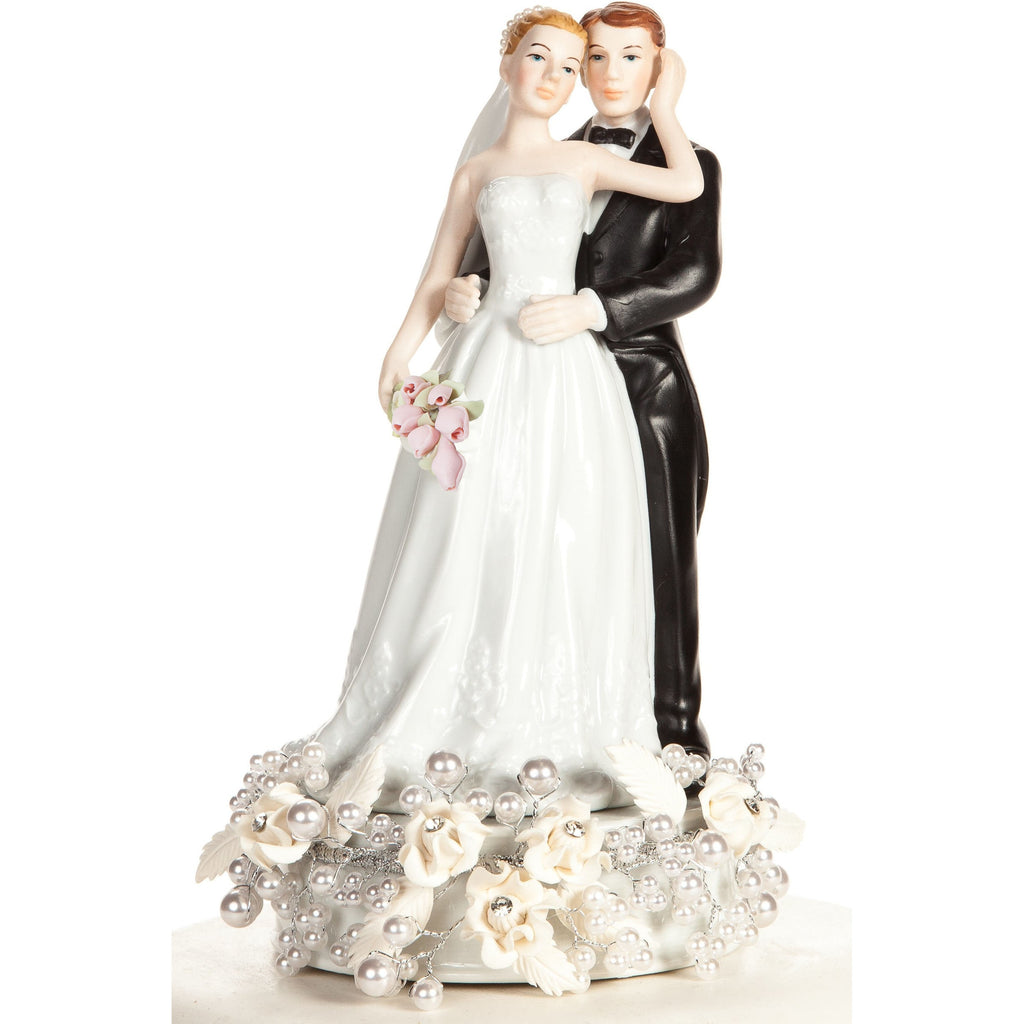 Rose and Pearls Bride and Groom Cake Topper (Silver or Gold) - Wedding Collectibles