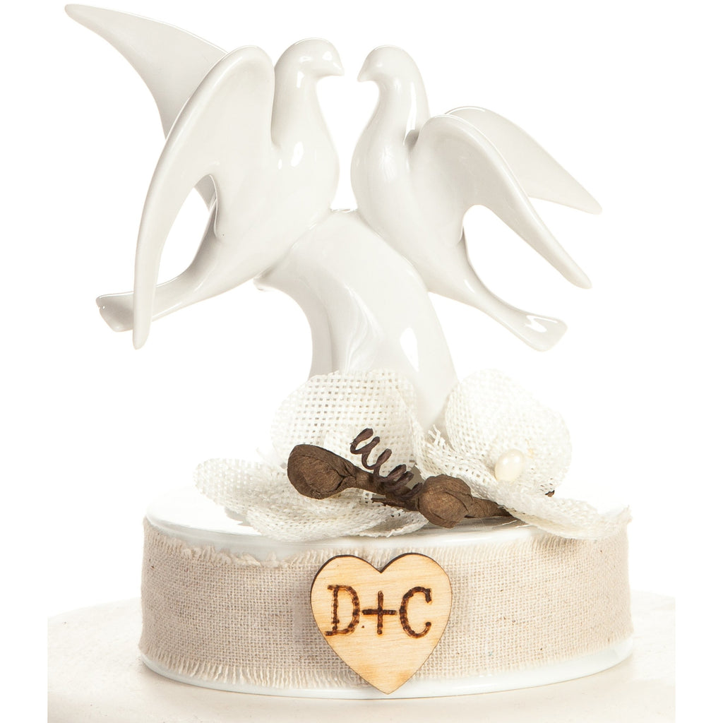 Rustic Dove Cake Topper - White Burlap Flowers - Wedding Collectibles