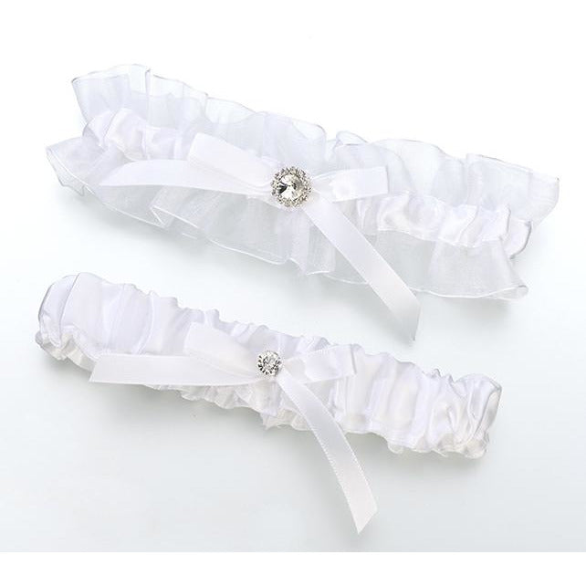 Satin Rhinestone Garter Set-White - Wedding Collectibles