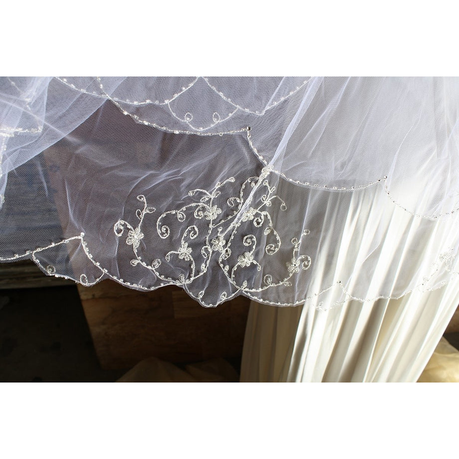 Scalloped Beaded Border & Cut Edge Veil - Wedding Collectibles