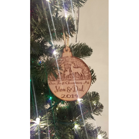 Mom and Dad's First Christmas Personalized Christmas Ornament - New Born Reindeer Design- Year and New Parents Engraved Baby First Christmas Gift Baby Shower Holiday Wood Custom Personalized - Wedding Collectibles