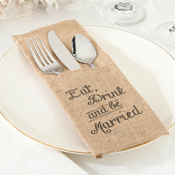 Eat, Drink and Be Married Burlap Silverware Holders (Set of 4) - Wedding Collectibles