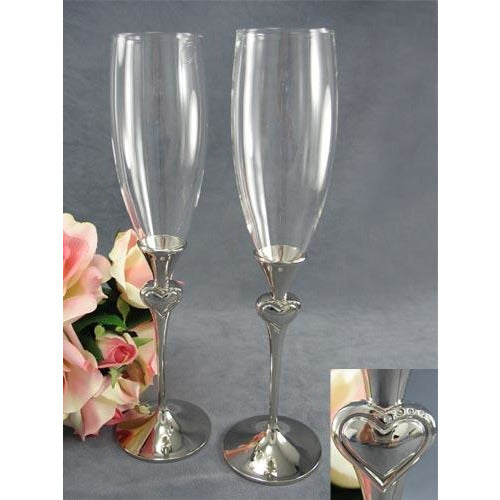Silver Crystal Heart Wedding Toasting Glasses - Wedding Collectibles