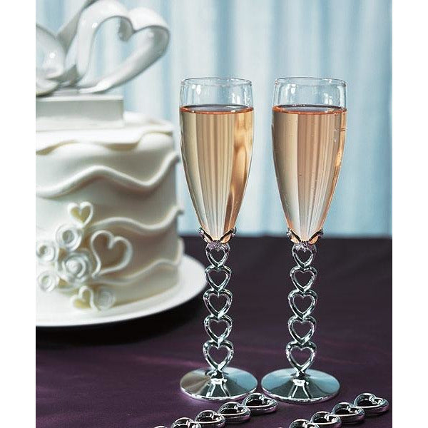 Silver Plated Stacked Hearts Glass Flutes - Wedding Collectibles